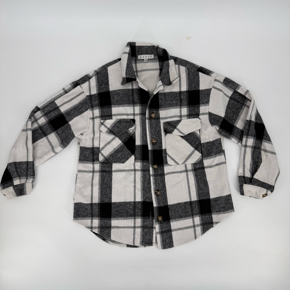 HYFVE Buffalo Plaid Collared Flannel Shacket Granola Layering Monochrome Cozy
